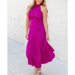 Pink Lily Magenta Pink Satin Tie Neck Open Back Midi Dress New Size Medium